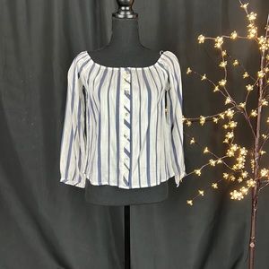 Boutique Velvet Heart Blue/White striped top with 3/4 length sleeves